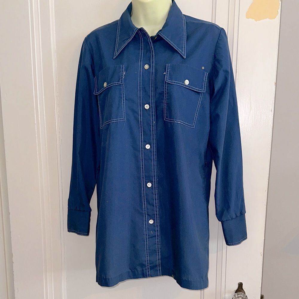 Vtg 70s Blue‎ with White Stitching Long Tunic Polyester/Cotton Long Sleeve Shirt